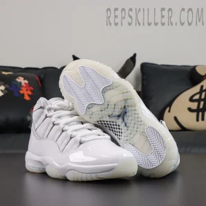 Comme des Garçons x Air Jordan 11 Retro ‘White’ outsole view featuring a translucent icy sole, white herringbone traction pods, and black-and-white carbon fiber midfoot plate