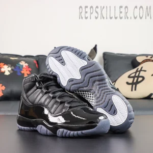 Comme des Garçons x Air Jordan 11 Retro ‘Black’ high-top sneakers featuring a black upper, glossy patent leather, and translucent grey outsole with herringbone traction