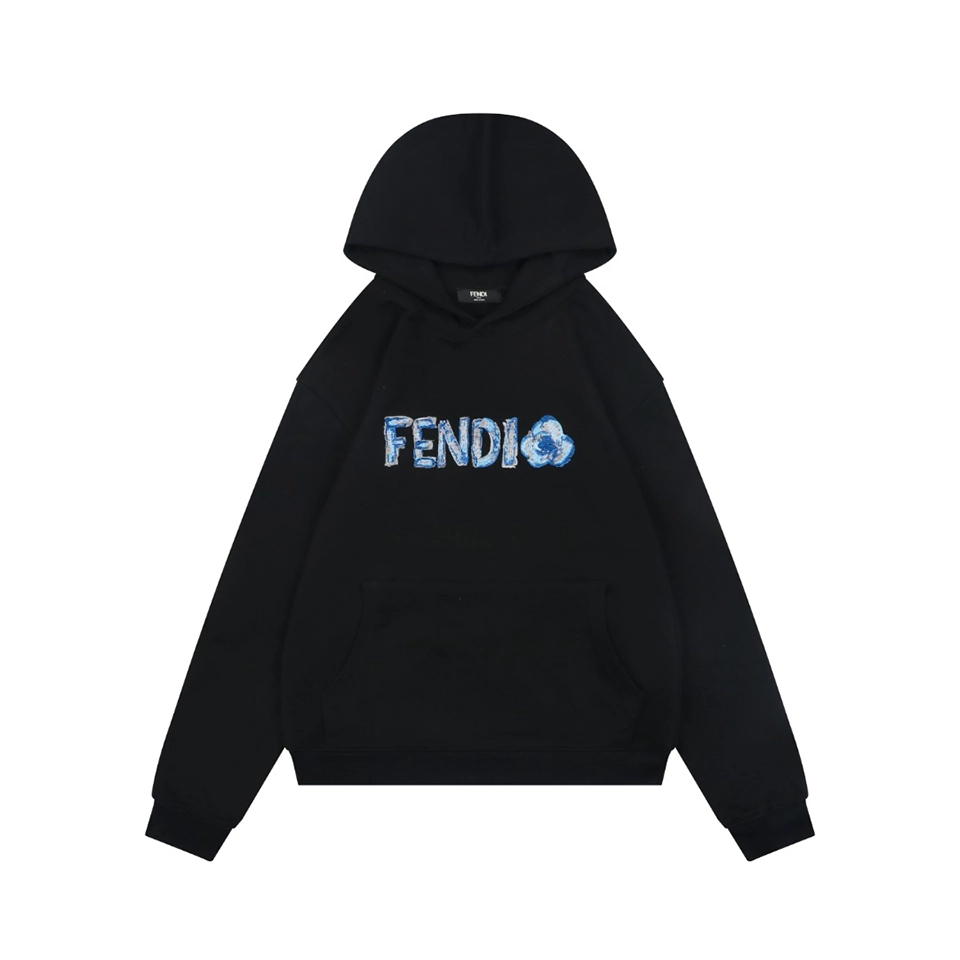 Fendi Gradient Logo Embroidered Hoodie Black Front view