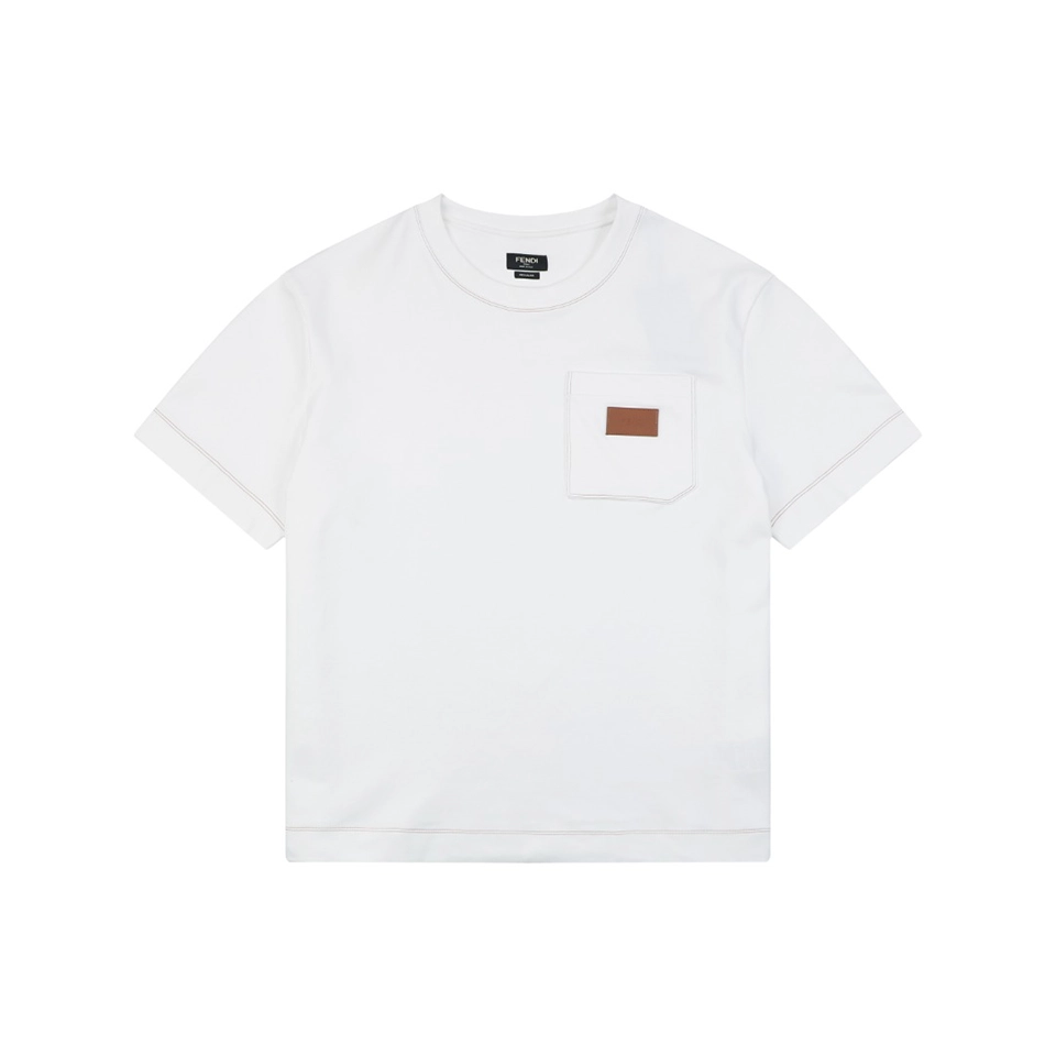 Fendi Leather Logo Pocket Contrast Stitch T-Shirt White Front view