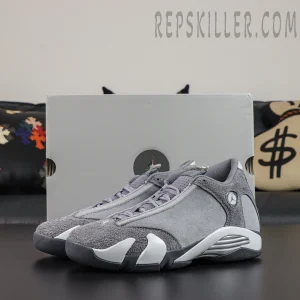 Air Jordan 14 Retro ‘Flint Grey’ pair with grey Jordan shoebox featuring a grey suede upper, hairy suede overlays, and metallic silver midsole accents