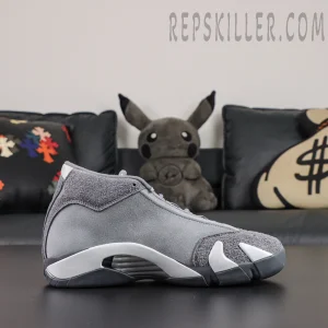 Air Jordan 14 Retro ‘Flint Grey’ medial side profile featuring a grey suede upper, silver-grey midsole, metallic midfoot detail, and dark grey outsole