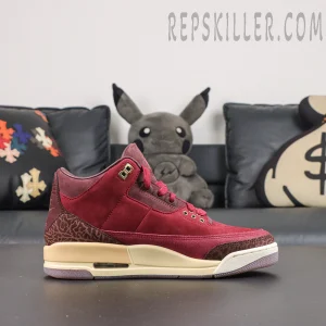 Air Jordan 3 Retro ‘Bin23’ side view featuring a burgundy suede upper, brown elephant print overlays, cream midsole and premium retro details