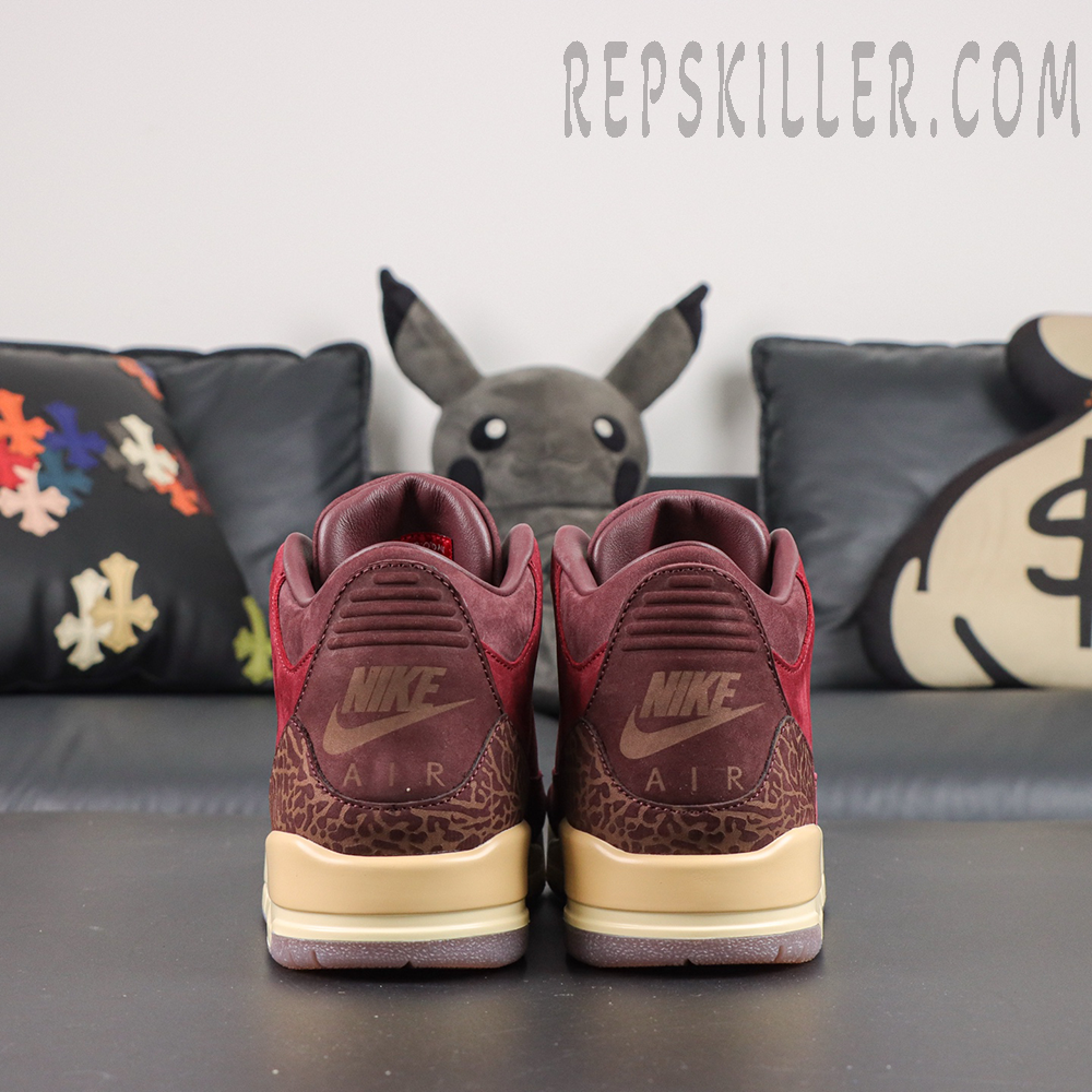 Air Jordan 3 Retro ‘Bin23’ heel view featuring brown elephant print panels and tonal Nike Air branding with a premium vintage aesthetic