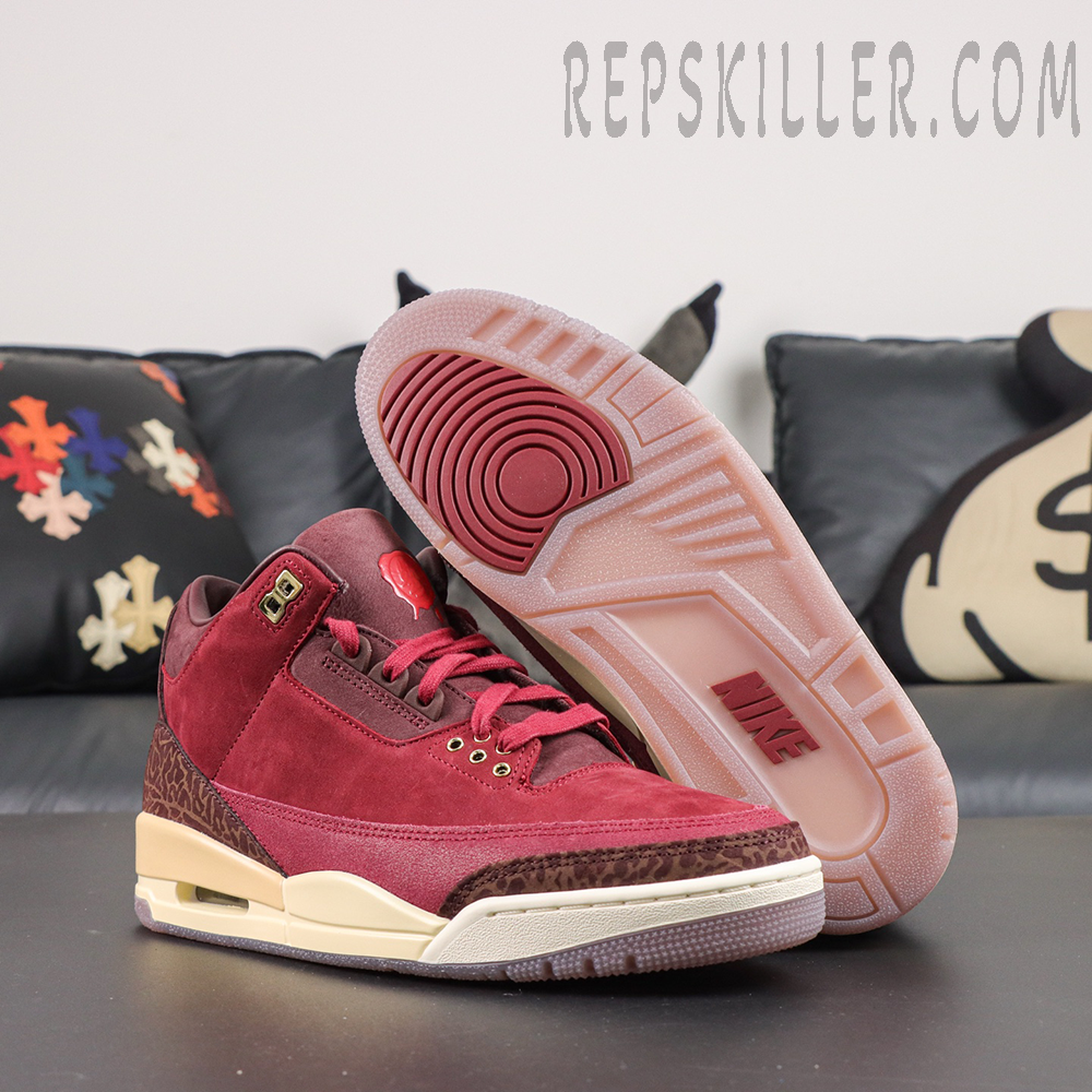 Air Jordan 3 Retro ‘Bin23’ outsole and side view featuring a translucent sole, burgundy details, visible Air cushioning and classic AJ3 silhouette
