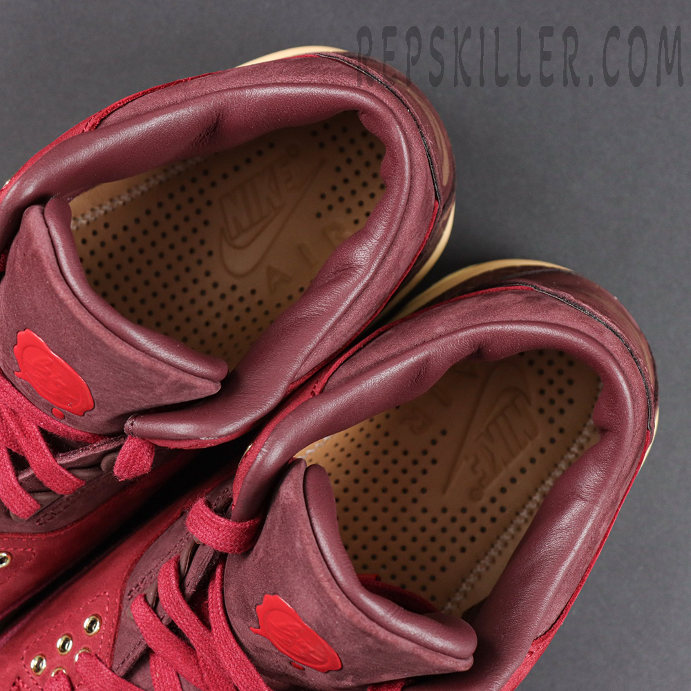 Air Jordan 3 Retro ‘Bin23’ collar and tongue close-up featuring leather lining, red Jumpman branding and premium material details