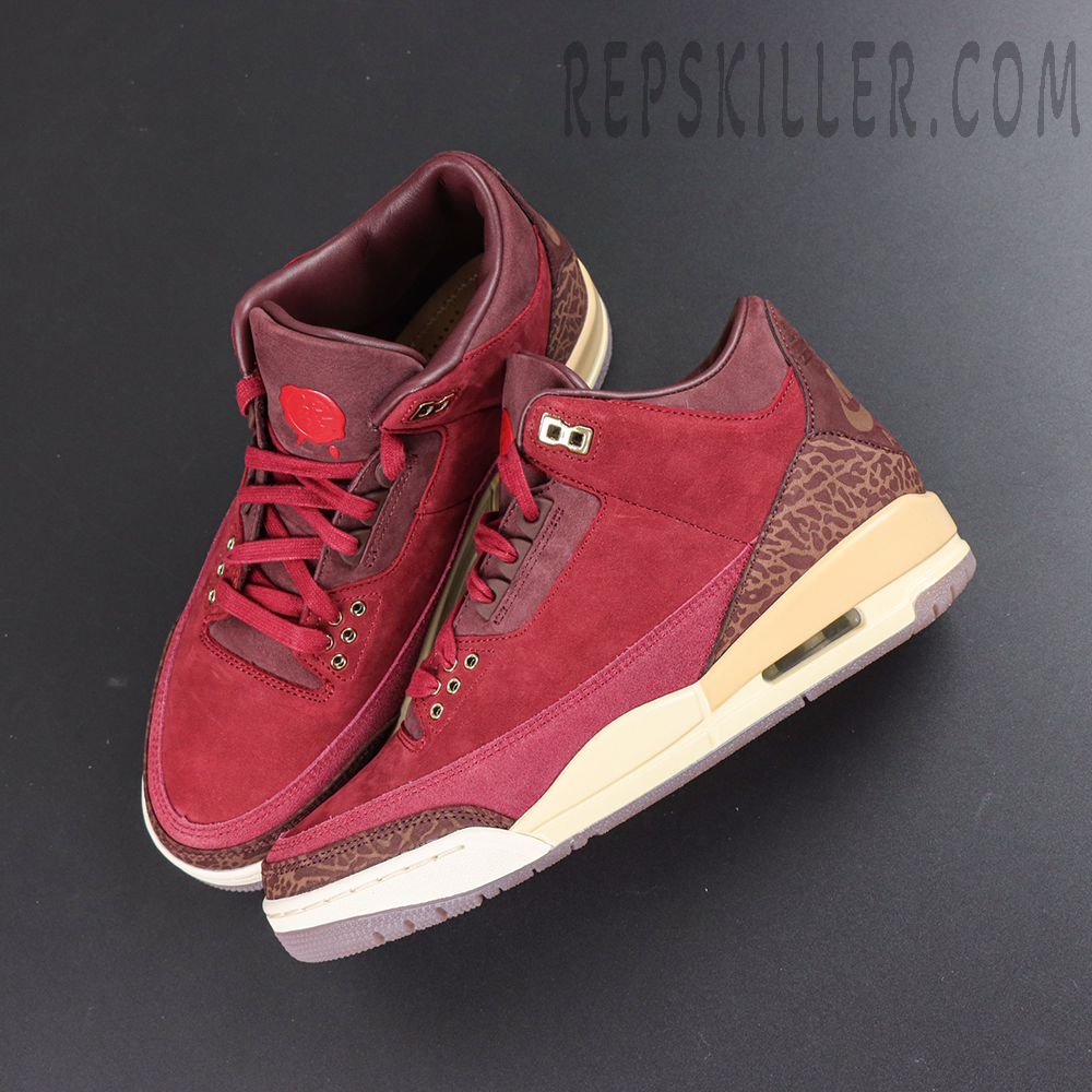 Air Jordan 3 Retro ‘Bin23’ top view featuring the burgundy suede upper, lace system and vintage basketball sneaker silhouette