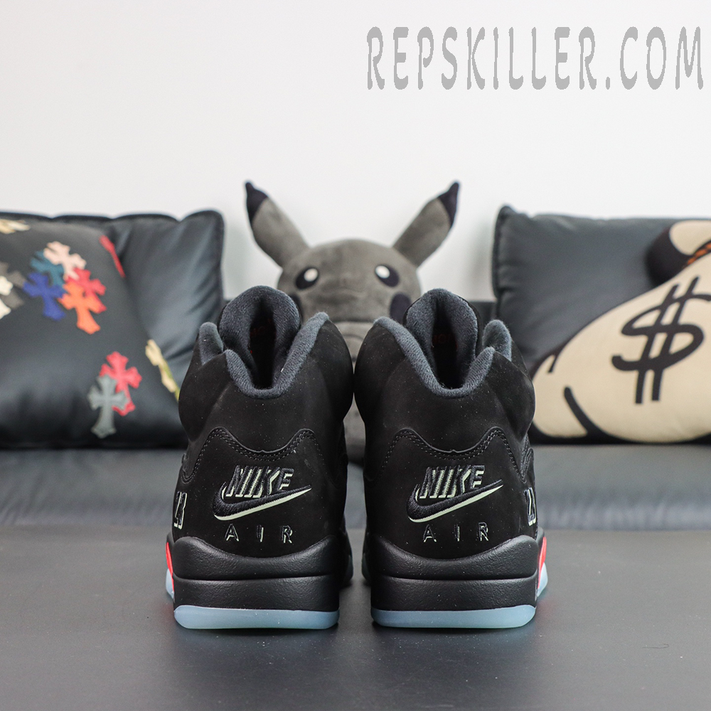 Air Jordan 5 Retro ‘Halloween’ rear view featuring a black upper with silver Nike branding and clean heel design