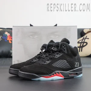 Air Jordan 5 Retro ‘Halloween’ pair side view featuring a classic AJ5 high-top silhouette with black suede upper and red accents