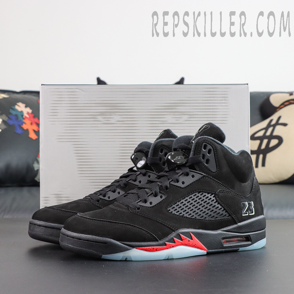 Air Jordan 5 Retro ‘Halloween’ pair side view featuring a classic AJ5 high-top silhouette with black suede upper and red accents
