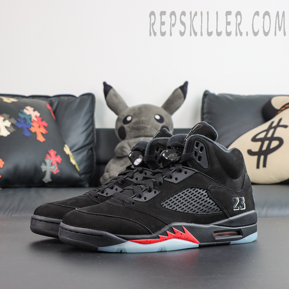 Air Jordan 5 Retro ‘Halloween’ featuring a black upper with silver mesh panels, red shark tooth accents and icy translucent outsole
