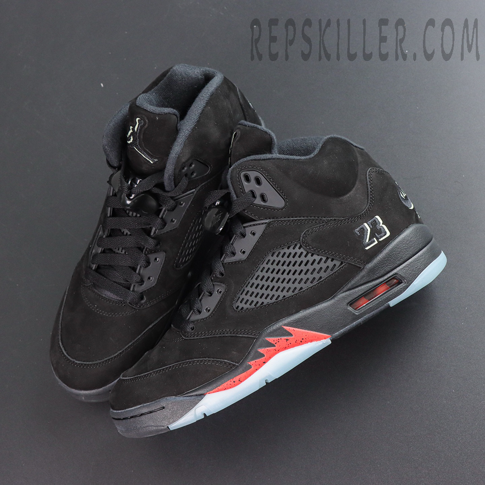 Air Jordan 5 Retro ‘Halloween’ top view featuring black laces, Jumpman tongue branding and a dark themed colorway