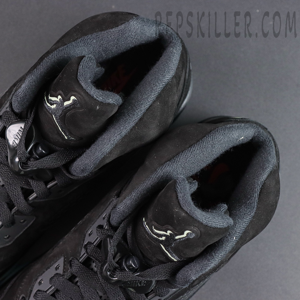Air Jordan 5 Retro ‘Halloween’ tongue and collar detail featuring a black construction with Halloween-inspired branding elements