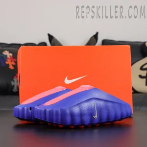 Nike Mind 001 AMP ‘Indigo Burst’ pair with orange Nike shoebox featuring an indigo foam upper, bright red perforated vamp, and metallic silver Swoosh
