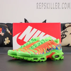 Supreme x Nike Air Max Plus TN ‘Mean Green’ side view featuring a green outsole, orange wavy upper, and blue TPU accents