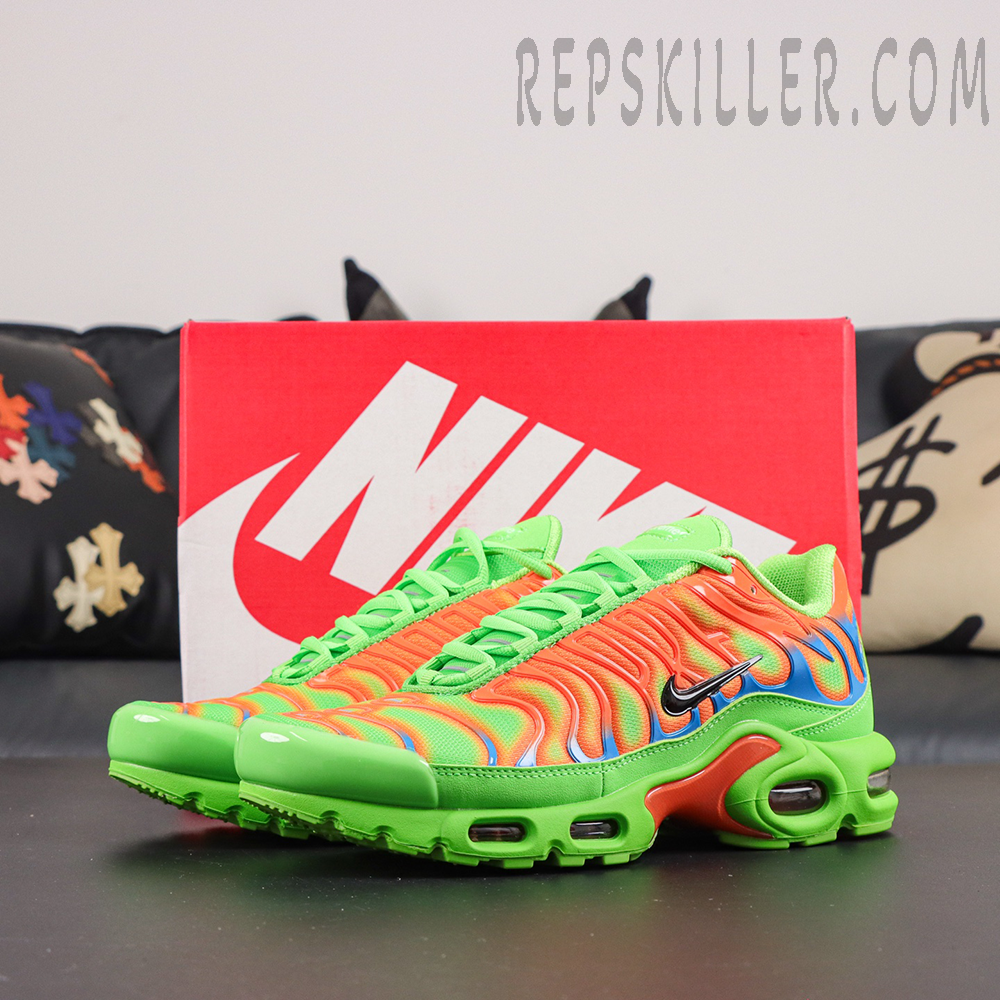 Supreme x Nike Air Max Plus TN ‘Mean Green’ side view featuring a green outsole, orange wavy upper, and blue TPU accents