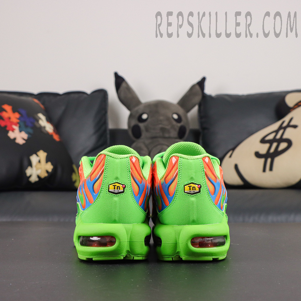 Supreme x Nike Air Max Plus TN ‘Mean Green’ rear view featuring green heel panels, visible Max Air cushioning, and collaboration details