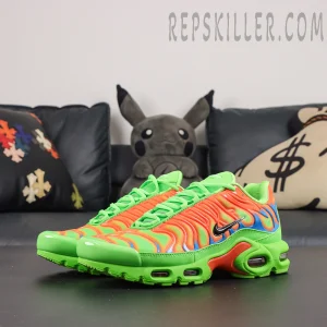 Supreme x Nike Air Max Plus TN ‘Mean Green’ full sneaker view featuring the classic Air Max Plus silhouette with a neon green, orange, and blue color scheme