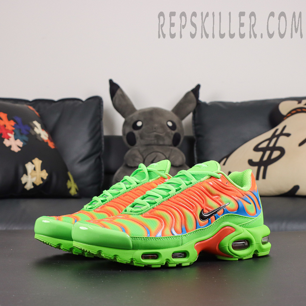 Supreme x Nike Air Max Plus TN ‘Mean Green’ full sneaker view featuring the classic Air Max Plus silhouette with a neon green, orange, and blue color scheme