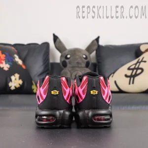 Supreme x Nike Air Max Plus TN ‘University Red’ rear view featuring yellow TN Air branding and red visible Air cushioning