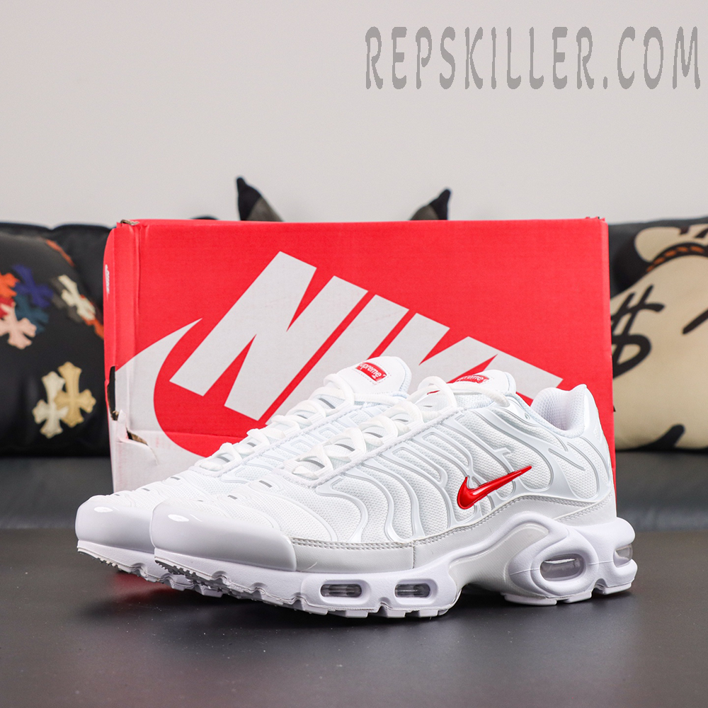 Supreme x Nike Air Max Plus TN ‘White’ full sneaker view featuring a minimalist white aesthetic with red Nike Swoosh collaboration details