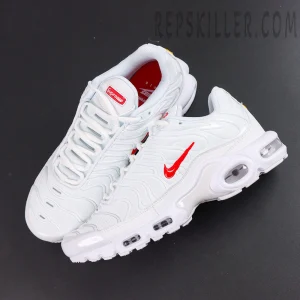 Supreme x Nike Air Max Plus TN ‘White’ top view featuring an all-white upper with red Supreme tongue labels and inner details