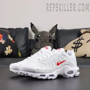 Supreme x Nike Air Max Plus TN ‘White’ pair side view featuring the iconic Air Max Plus silhouette with an all-white colorway and red accents