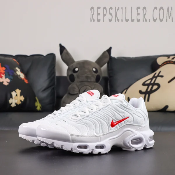 Supreme x Nike Air Max Plus TN ‘White’ pair side view featuring the iconic Air Max Plus silhouette with an all-white colorway and red accents