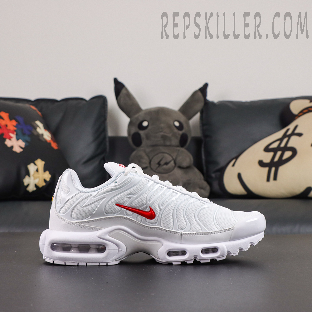 Supreme x Nike Air Max Plus TN ‘White’ upper detail featuring tonal white TPU overlays and breathable mesh construction