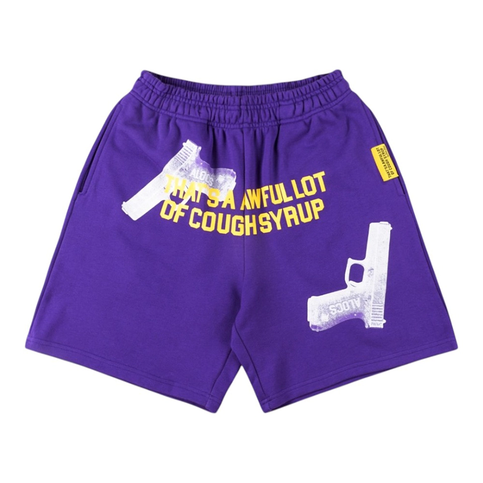 That’s A Awful Lot Of Cough Syrup Gun Graphic Shorts Purple Front view