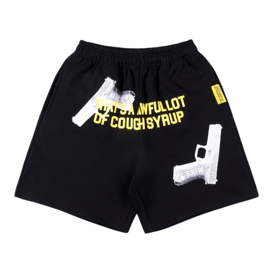 That’s A Awful Lot Of Cough Syrup Gun Graphic Shorts Black Front view