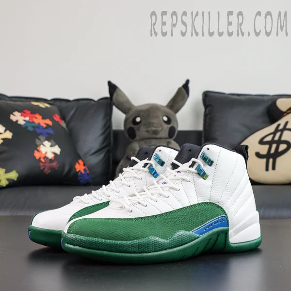 Air Jordan 12 Retro ‘Bucks’ 2026 front-side view featuring a white upper, green mudguard, and blue-purple Jumpman accents