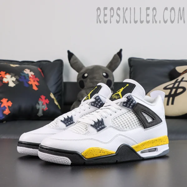 Air Jordan 4 Retro ‘Rare Air - Tour Yellow’ 2026 front three-quarter view featuring a white upper, black wings, dark grey lace hardware, and yellow Jumpman tongue logos