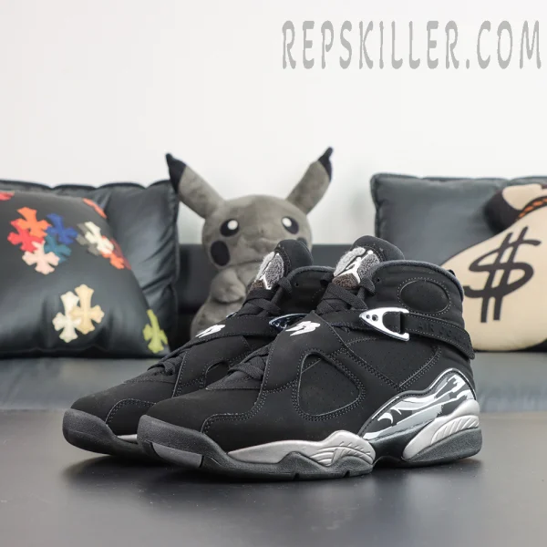 Air Jordan 8 Retro ‘Chrome’ 2026 pair featuring a black upper, signature cross straps, silver midsole accents, and black-white heel graphics