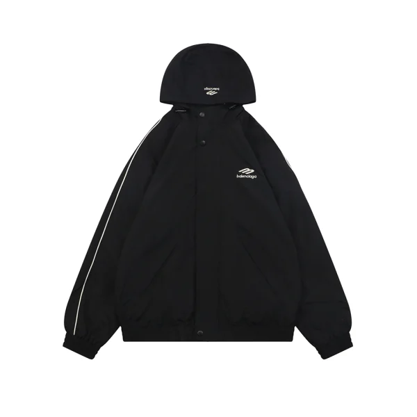 Balenciaga 3B Logo Embroidered Hooded Jacket Black Front view