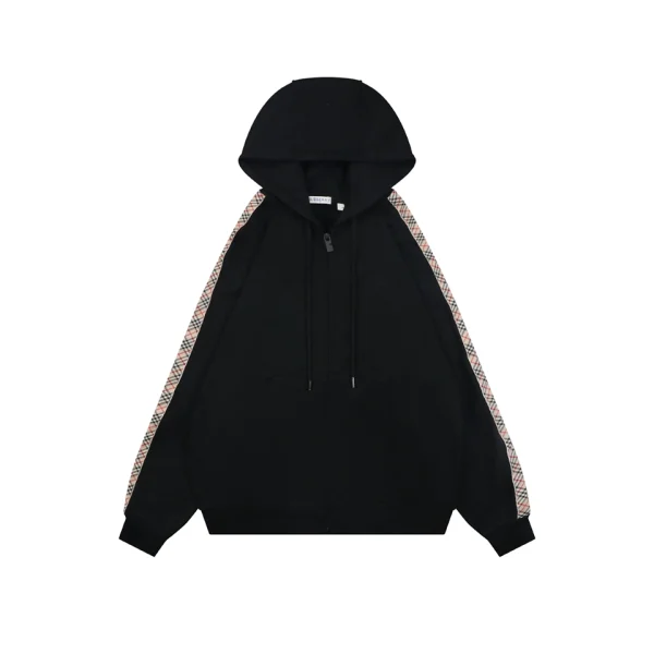 Burberry Check Stripe Zip-Up Hoodie Black Front view