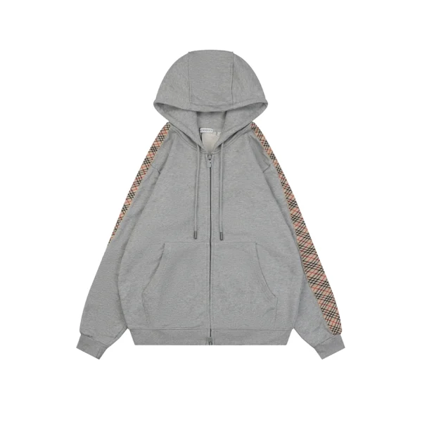 Burberry Check Stripe Zip-Up Hoodie Grey Front view