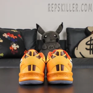 Kobe 8 ‘Shanghai Firework Spark’ rear view featuring orange heel counters, black striped graphics, red Kobe signature details, and translucent icy blue outsoles
