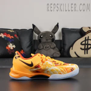 Kobe 8 ‘Shanghai Firework Spark’ side profile featuring an orange and yellow firework-print engineered mesh upper, black Swoosh, orange heel support, and icy translucent outsole