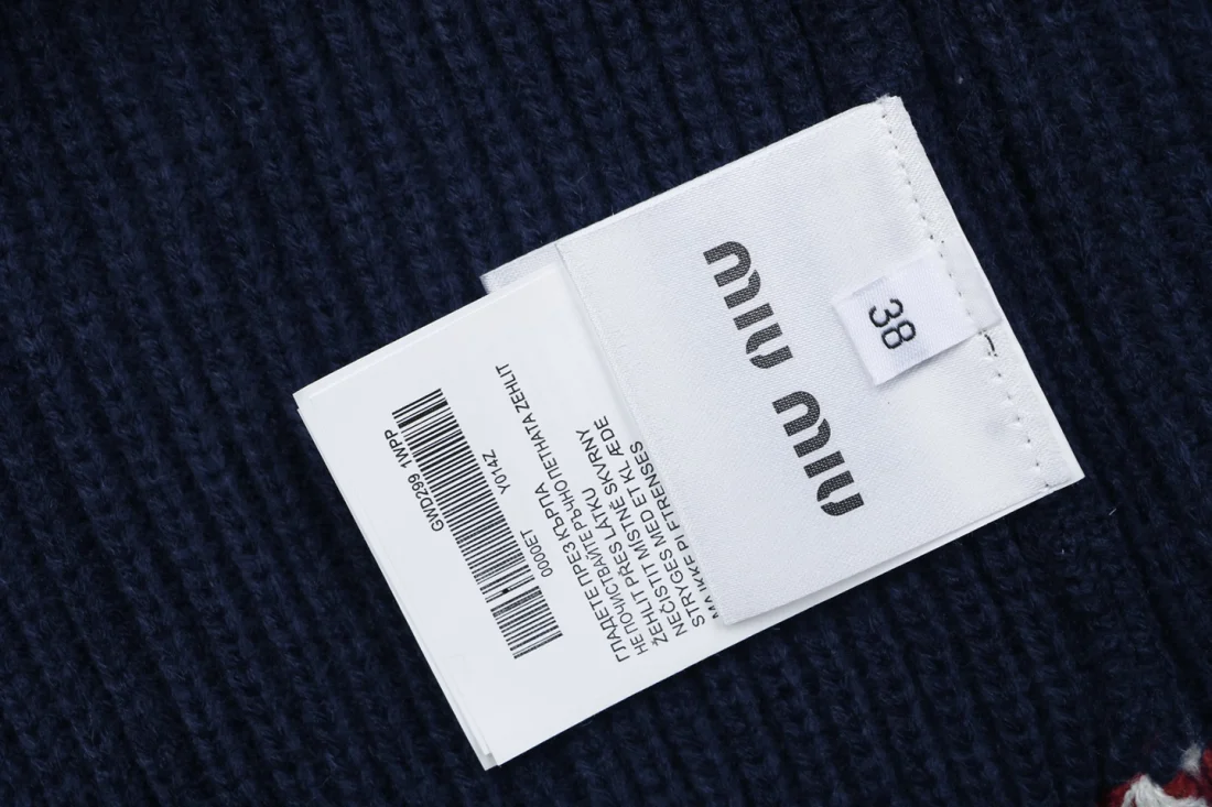 Miu Miu Logo Patch Color Block Knit Cardigan Wash label