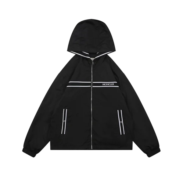 Moncler Logo Stripe Hooded Windbreaker Jacket Black Front view