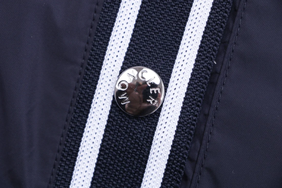 Moncler Logo Stripe Hooded Windbreaker Jacket Navy Button