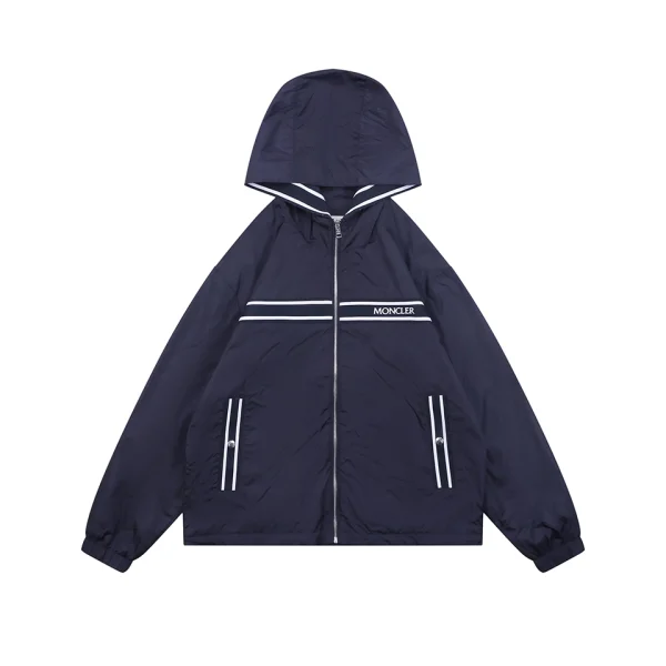 Moncler Logo Stripe Hooded Windbreaker Jacket Navy Front view