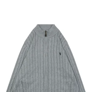 Ralph Lauren Cable-Knit Full-Zip Pony Logo Sweater Grey