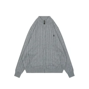 Ralph Lauren Cable-Knit Full-Zip Pony Logo Sweater Grey Front view