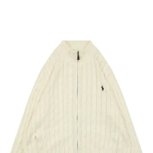 Ralph Lauren Cable-Knit Full-Zip Pony Logo Sweater Beige