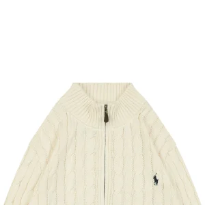 Ralph Lauren Cable-Knit Full-Zip Pony Logo Sweater Beige