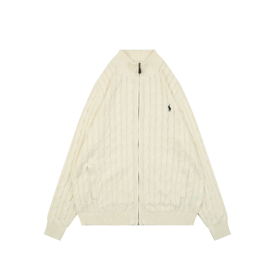Ralph Lauren Cable-Knit Full-Zip Pony Logo Sweater Beige Front view