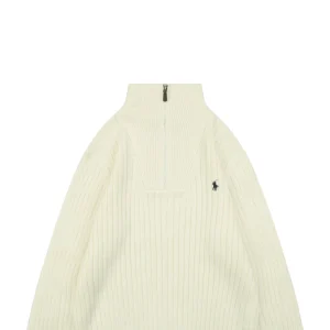 Ralph Lauren Pony Embroidered Ribbed Half-Zip Turtleneck Sweater Beige