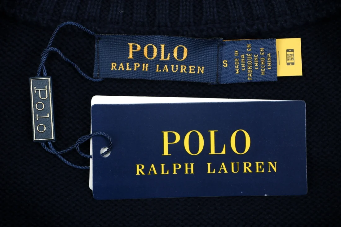 Ralph Lauren Pony Logo Ribbed Mock Neck Half-Zip Cotton Sweater Navy Brand label